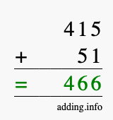 Calculate 415 + 51 using long addition