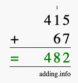 Calculate 415 + 67 using long addition
