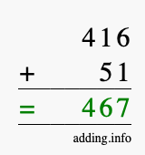 Calculate 416 + 51 using long addition