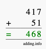 Calculate 417 + 51 using long addition