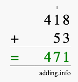 Calculate 418 + 53 using long addition