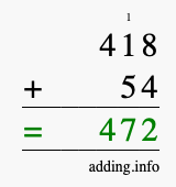 Calculate 418 + 54 using long addition