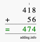Calculate 418 + 56 using long addition