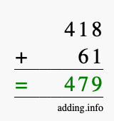 Calculate 418 + 61 using long addition