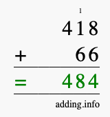 Calculate 418 + 66 using long addition