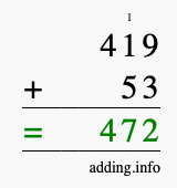 Calculate 419 + 53 using long addition