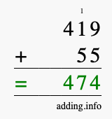 Calculate 419 + 55 using long addition