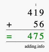Calculate 419 + 56 using long addition