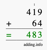 Calculate 419 + 64 using long addition