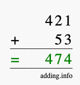 Calculate 421 + 53 using long addition