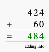 Calculate 424 + 60 using long addition