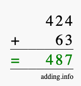 Calculate 424 + 63 using long addition