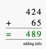 Calculate 424 + 65 using long addition