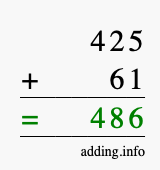 Calculate 425 + 61 using long addition