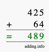 Calculate 425 + 64 using long addition