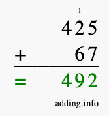 Calculate 425 + 67 using long addition