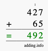 Calculate 427 + 65 using long addition