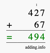 Calculate 427 + 67 using long addition