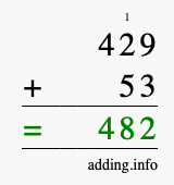Calculate 429 + 53 using long addition