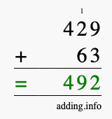 Calculate 429 + 63 using long addition