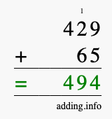 Calculate 429 + 65 using long addition