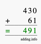 Calculate 430 + 61 using long addition