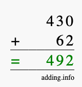 Calculate 430 + 62 using long addition
