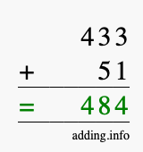 Calculate 433 + 51 using long addition