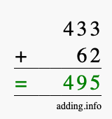 Calculate 433 + 62 using long addition