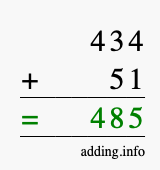 Calculate 434 + 51 using long addition