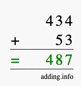 Calculate 434 + 53 using long addition