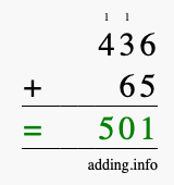 Calculate 436 + 65 using long addition