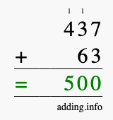 Calculate 437 + 63 using long addition