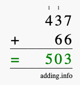 Calculate 437 + 66 using long addition