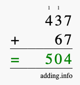 Calculate 437 + 67 using long addition