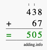 Calculate 438 + 67 using long addition