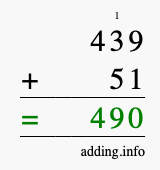 Calculate 439 + 51 using long addition