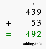 Calculate 439 + 53 using long addition