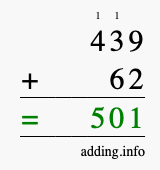 Calculate 439 + 62 using long addition