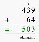 Calculate 439 + 64 using long addition