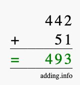 Calculate 442 + 51 using long addition