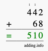 Calculate 442 + 68 using long addition
