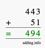 Calculate 443 + 51 using long addition