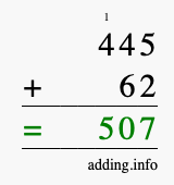 Calculate 445 + 62 using long addition