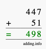 Calculate 447 + 51 using long addition
