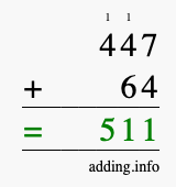 Calculate 447 + 64 using long addition