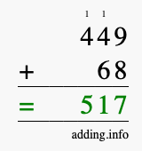 Calculate 449 + 68 using long addition