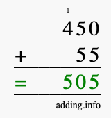 Calculate 450 + 55 using long addition