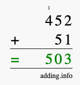 Calculate 452 + 51 using long addition