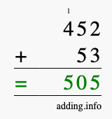 Calculate 452 + 53 using long addition